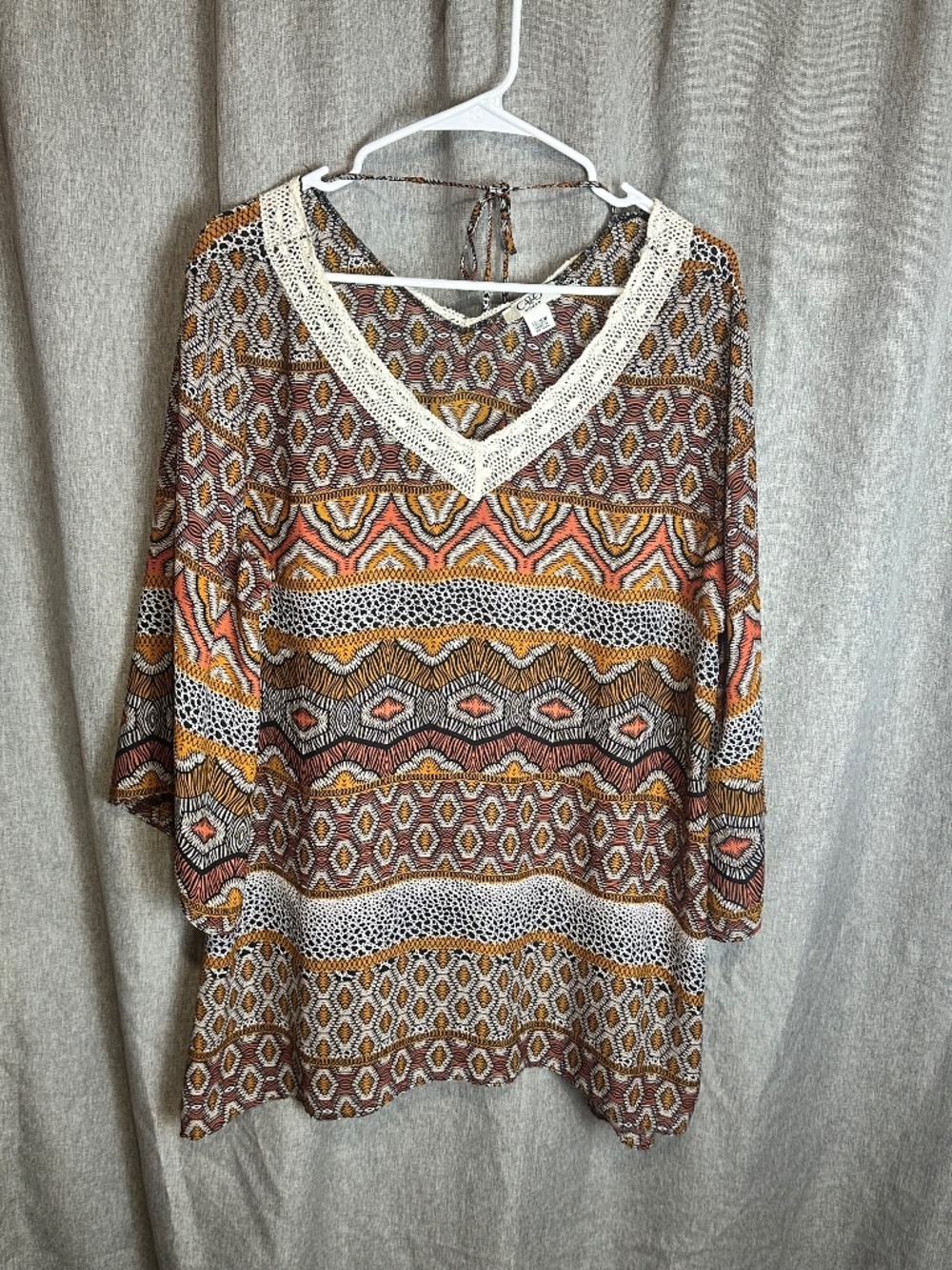 Cato Boho Geometric Lace V-Neck Tunic Blouse Sz 14/16